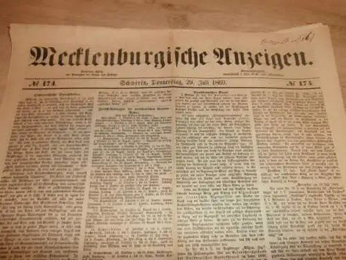 Mecklenburgische Anzeigen , 2.01.1869 , NR.1 !!! Schwerin und Umgebung , Eisenbahn ,mit Reklame !! RAR !! Mecklenburg !!