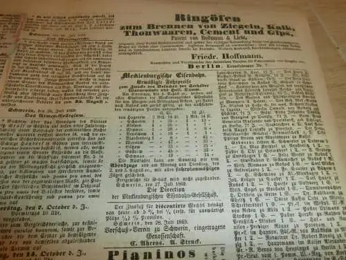 Mecklenburgische Anzeigen , 2.01.1869 , NR.1 !!! Schwerin und Umgebung , Eisenbahn ,mit Reklame !! RAR !! Mecklenburg !!