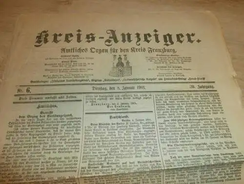 Zeitung für Kreis Franzburg , 8.01.1901 , NR.6 !! mit Reklame Franzburg und Umgebung !! RAR !! Mecklenburg !!