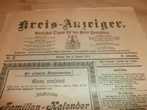 Zeitung für Kreis Franzburg , 4.01.1901 ,  NR.3 !! mit Reklame Franzburg und Umgebung !! RAR !! Mecklenburg !!