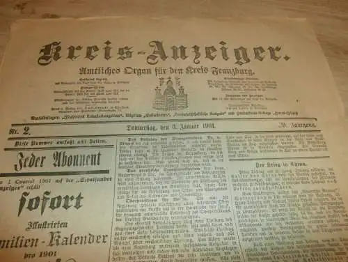 Zeitung für Kreis Franzburg , 3.01.1901 ,  NR.2 !! mit Reklame Franzburg und Umgebung !! RAR !! Mecklenburg !!