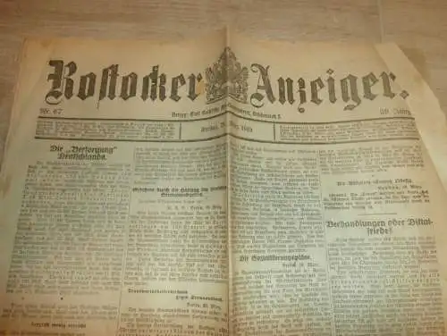 Rostocker Anzeiger 21.03.1919 , mit über 5 Seiten Anzeigen / Reklame aus Rostock und Umgebung !! RAR !! Mecklenburg !!