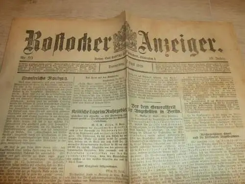 Rostocker Anzeiger 17.04.1919 , mit über 5 Seiten Anzeigen / Reklame aus Rostock und Umgebung !! RAR !! Mecklenburg !!