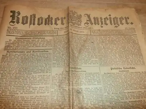 Rostocker Anzeiger 28.08.1903 , mit über 5 Seiten Anzeigen / Reklame aus Rostock und Umgebung !! RAR !! Mecklenburg !!