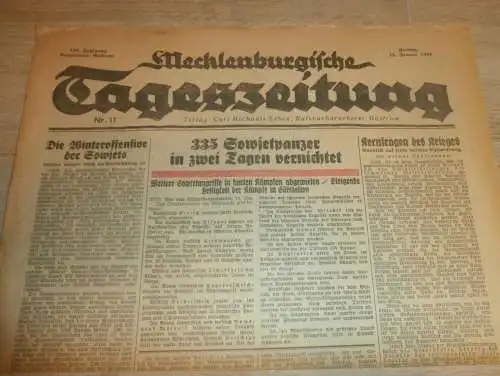 Tageszeitung Güstrow 14.1.1944 , Schule und HJ , Panzer , mit Annoncen !! RAR !! Mecklenburg !!