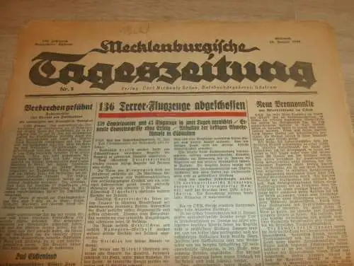 Tageszeitung Güstrow 12.1.1944 , Mecklenburgs Baumschulen , mit Annoncen !! RAR !! Mecklenburg !!