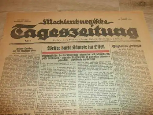 Tageszeitung Güstrow 10.1.1944 , Regelung für Fliegerangriffe , mit Annoncen !! RAR !! Mecklenburg !!