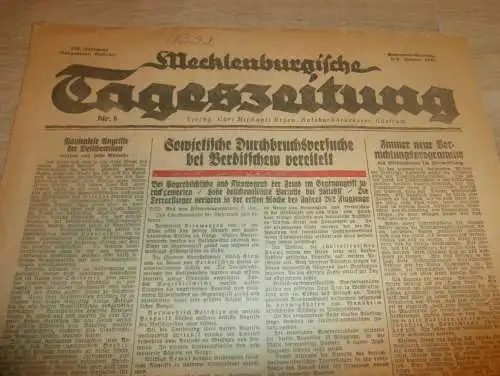 Tageszeitung Güstrow 8./9.1.1944 - NSKK Güstrow , Wir verdunkeln , mit Annoncen!! RAR !! Mecklenburg !!