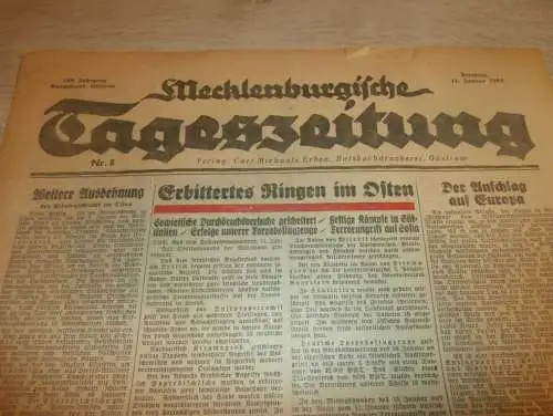 Tageszeitung Güstrow 11.01.1944 , Wir verdunkeln , mit Annoncen !! RAR !! Mecklenburg !!