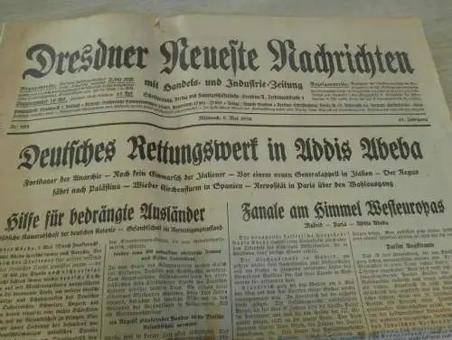 Dresdner Neueste Nachrichten 6.05.1936 - DNN , Dresden und Umgebung ,viel Reklame / Werbung !! RAR !!