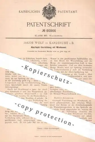 original Patent - Jakob Wolf , Karlsruhe Bayern | 1894 | Abortspülung mit Windkessel | WC Spülung , Toilette | Klempner