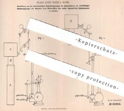 original Patent - Franz Josef Weiss , Basel , Schweiz , 1892 , Dampfdruckpumpe für Akkumulator | Dampfmaschine , Motor !