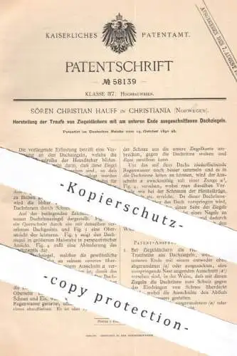 original Patent - Sören Christian Hauff , Christinania , Norwegen , 1890 , Traufe vom Ziegeldach | Dach , Ziegel