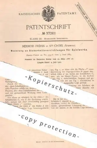 original Patent - Mermod Frères in Ste Croix , Schweiz , 1886 , Sicherheitsvorrichtung für Spielwerk | Spieluhr , Musik