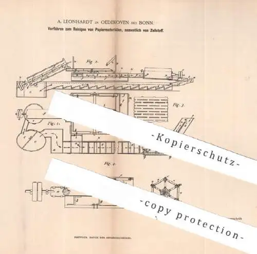 original Patent - A. Leonhardt , Bonn / Oedekoven , 1884 , Reinigen von Papiermaterial / Zellstoff | Papier , Cellulose