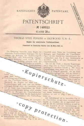 original Patent - Thomas Steel Perkins , Idlewood , USA , 1902 , Regler für elektrische Treibmaschinen | Regulator