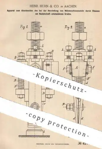 original Patent - Heinr. Huhn & Co. , Aachen , 1887 , Herst. von Nähmaschinennadeln | Nähmaschinen - Nadeln | Nadel