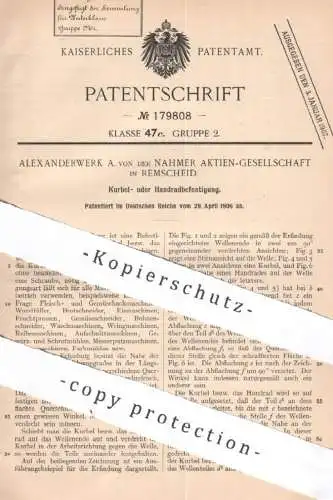 original Patent - Alexanderwerk A. von der Nahmer AG Remscheid , 1906 , Kurbel- oder Handradbefestigung | Haushalt !!