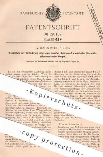 original Patent - G. Hahn , Duisburg , 1900 , selbstkassierende Waagen | Waage | Wiegen , Skala , Münzeinwurf