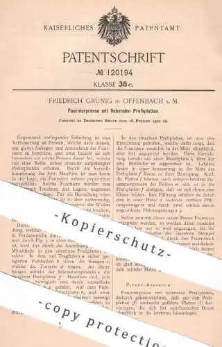 original Patent - Friedrich Grünig , Offenbach / Main 1900 , Fournierpresse mit federnden Pressplatten | Furnier , Holz