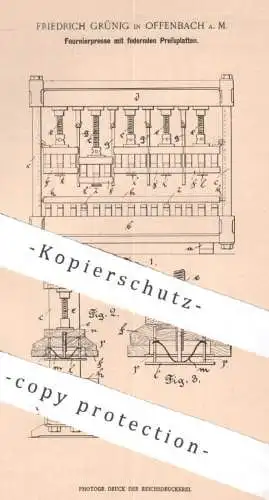 original Patent - Friedrich Grünig , Offenbach / Main 1900 , Fournierpresse mit federnden Pressplatten | Furnier , Holz