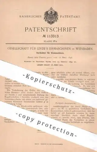 original Patent - Gesellschaft für Linde's Eismaschinen , Wiesbaden , 1899 , Verdichter für Eismaschinen | Eis !!