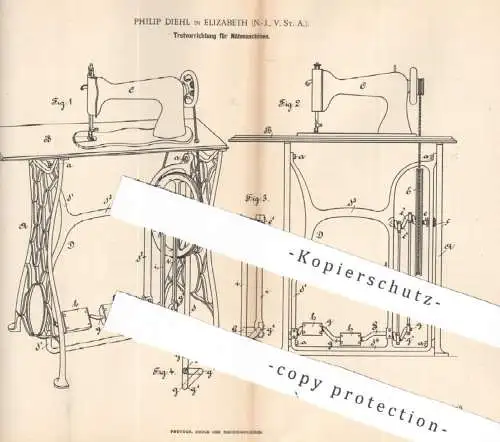 original Patent - Philip Diehl | Elizabeth New Jersey USA , 1892 , Tretvorrichtung an Nähmaschinen | Nähmaschine | Pedal