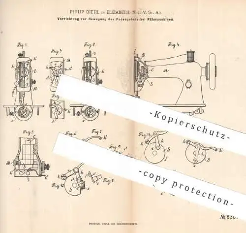 original Patent - Philip Diehl | Elizabeth New Jersey USA , 1892 , Fadengeber an Nähmaschinen | Nähmaschine | Schneider