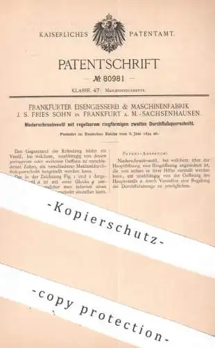 original Patent - Eisengießerei & Maschinenfabrik J. S. Fries Sohn , Frankfurt | 1894 | Niederschraubventil | Ventil