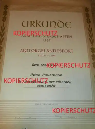 Urkunde - Armeemeisterschaften 1957 , Heinz Hausmann , Motor - Geländesport , Mecklenburg , DDR , Motocross , Motorsport