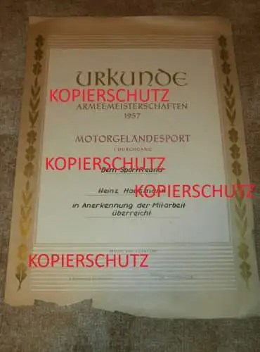 Urkunde - Armeemeisterschaften 1957 , Heinz Hausmann , Motor - Geländesport , Mecklenburg , DDR , Motocross , Motorsport