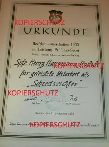 Urkunde - Heinz Hausmann , 1955 , Leitungsprüfungssport , Rostock , Moto Cross , Mecklenburg , Motorsport !!!