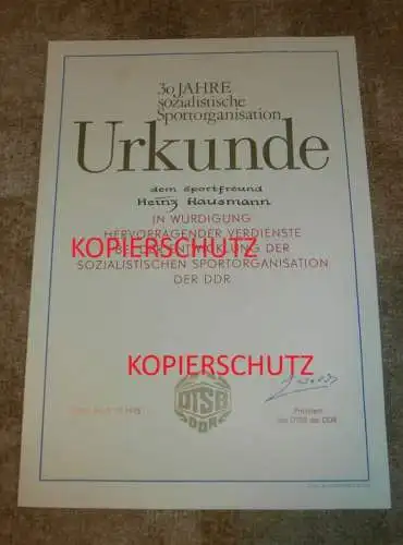 Urkunde - 30 Jahre DTSB der DDR , 1978 , Heinz Hausmann , Motorsport , Speedway !!!