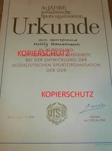 Urkunde - 30 Jahre DTSB der DDR , 1978 , Heinz Hausmann , Motorsport , Speedway !!!
