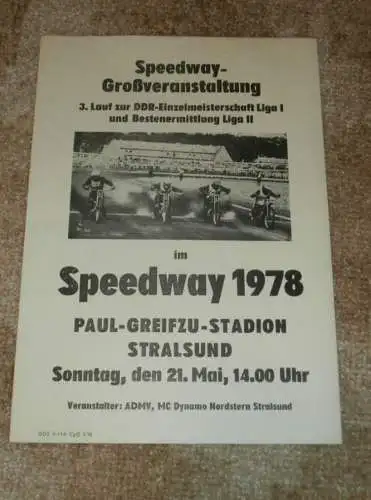 Speedway - DDR-Meisterschaft Stralsund 21.05.1978 , Poster / Flyer !!!