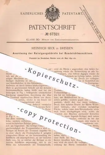 original Patent - Heinrich Seck , Dresden , 1892 , Reinigungsbürste bei Rundsichtmaschinen | Sichtmaschine , Mühle !!