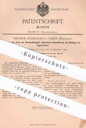 original Patent - Theodor Jellinghaus , Camen , 1892 , Kolbenliderung mit Ableitung von Druck | Motor | Dampfmaschine !!