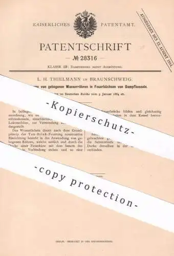 original Patent - L. H. Thielmann , Braunschweig , 1884 , gebogene Wasserröhren im Dampfkessel | Wasserkessel , Kessel