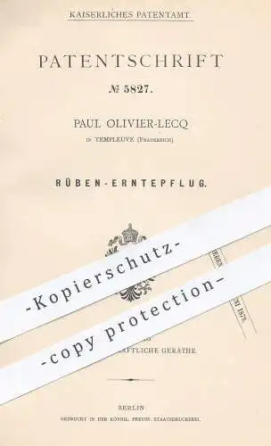 original Patent - Paul Olivier Lecq , Templeuve , Frankreich 1878 , Rüben  Erntepflug | Pflug , Landwirtschaft , Pflügen