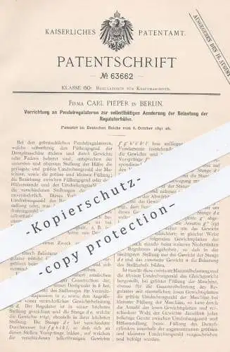 original Patent - Carl Pieper , Berlin , 1891 , Pendelregulatoren für Kraftmaschinen | Regulator , Motor , Motoren !!