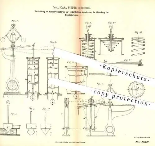 original Patent - Carl Pieper , Berlin , 1891 , Pendelregulatoren für Kraftmaschinen | Regulator , Motor , Motoren !!