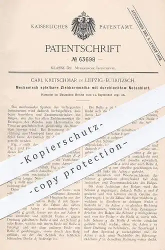 original Patent - Carl Kretschmar , Leipzig / Eutritzsch , 1891 , Ziehharmonika mit Notenblatt | Harmonika , Musik !!