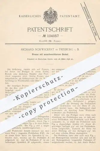 original Patent - Richard Schwickert , Freiburg , 1898 , Presse mit ausschwenkbarem Deckel | Pressen , Wein , Winzer !