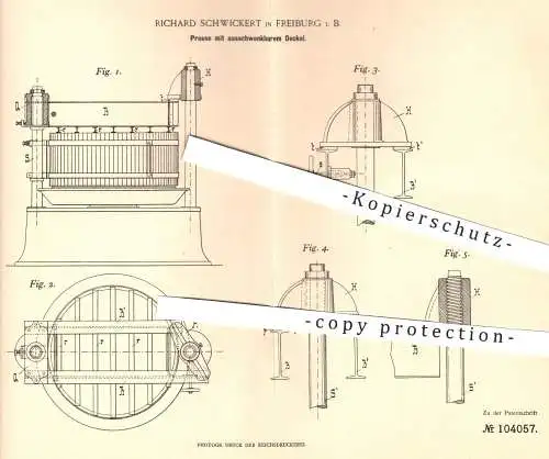 original Patent - Richard Schwickert , Freiburg , 1898 , Presse mit ausschwenkbarem Deckel | Pressen , Wein , Winzer !