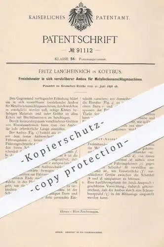 original Patent - Fritz Langheinrich , Cottbus , 1896 , Amboss für Metalleckenanschlagmaschinen | Papier , Papierfabrik