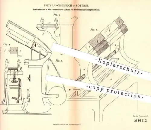 original Patent - Fritz Langheinrich , Cottbus , 1896 , Amboss für Metalleckenanschlagmaschinen | Papier , Papierfabrik