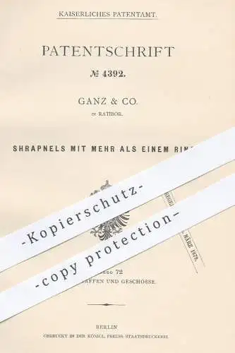 original Patent - Ganz & Co. , Ratibor 1878 , Shrapnel | Schrapnell | Granate , Granaten , Artillerie , Militär , Waffen