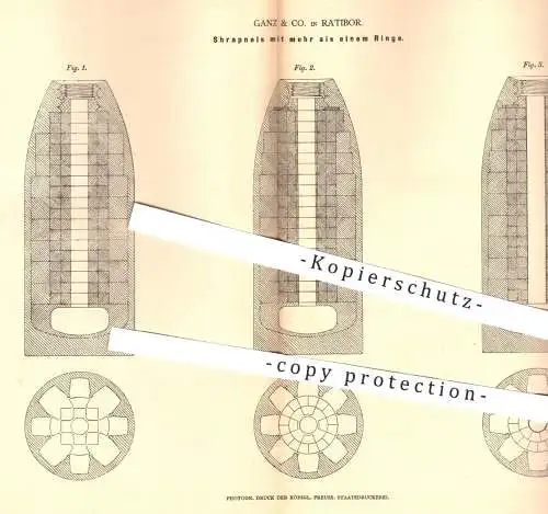 original Patent - Ganz & Co. , Ratibor 1878 , Shrapnel | Schrapnell | Granate , Granaten , Artillerie , Militär , Waffen