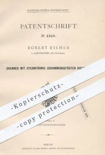 original Patent - Robert Riemer , Bartenstein , Ost - Preußen , 1878 , Brenner mit Docht | Gas , Gasbrenner , Lampen !!