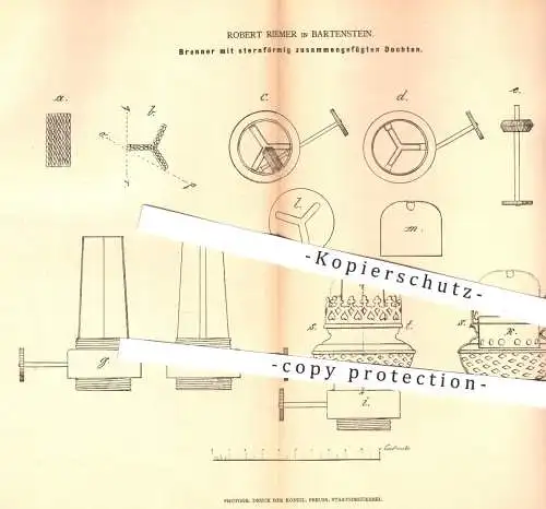 original Patent - Robert Riemer , Bartenstein , Ost - Preußen , 1878 , Brenner mit Docht | Gas , Gasbrenner , Lampen !!